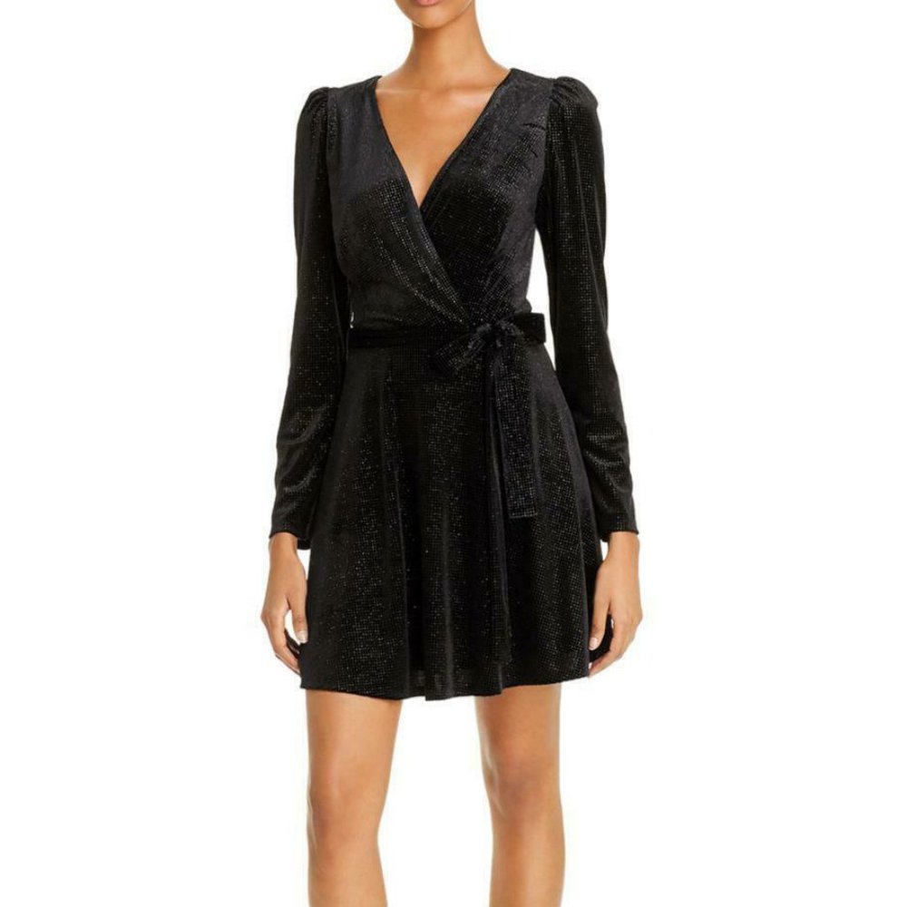 Aqua Black Velvet Glitter Dot Long Sleeve Tie Waist Cocktail Dress 4